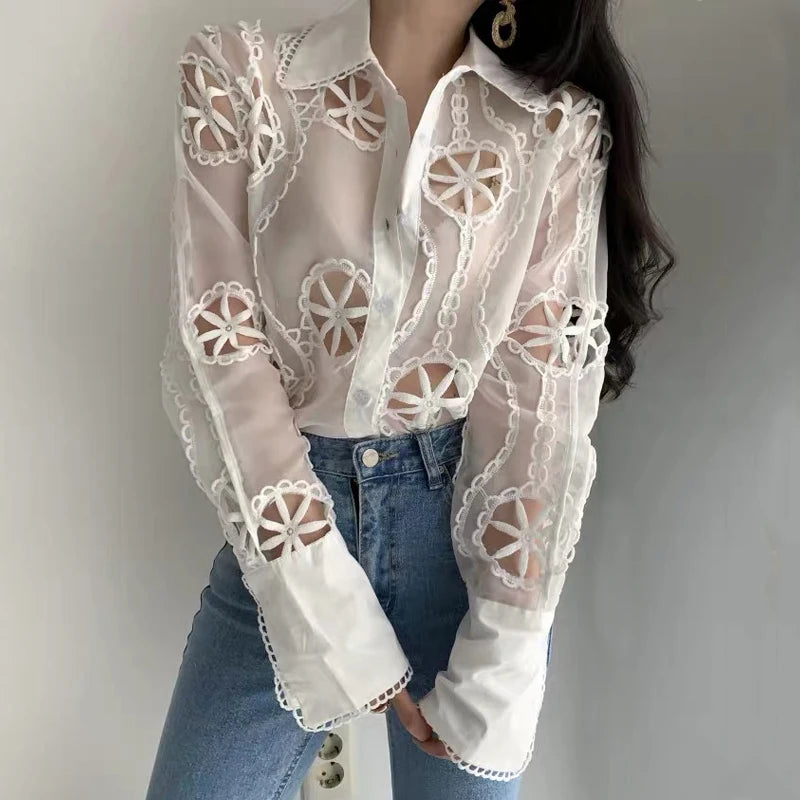 Sexy Hollow Floral Embroidery Blouse